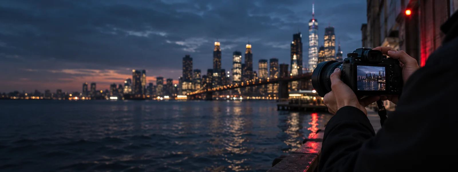 A creator photographing the city waterfront at blue hour